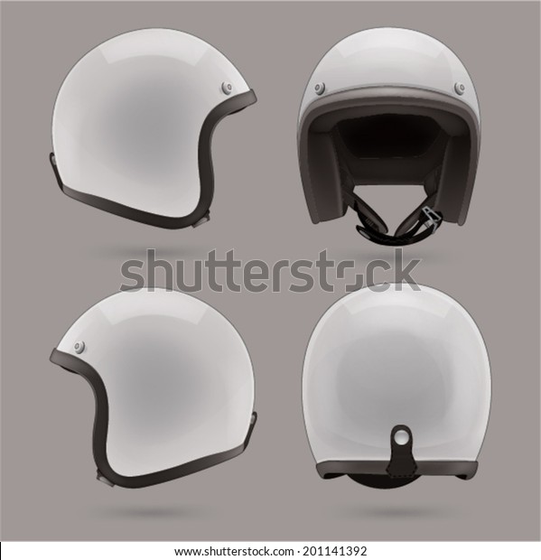 White\
motorbike classic helmet. Front, back and side\
view