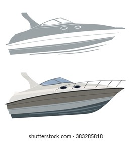 White motorboat with silhouette on white background