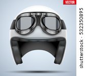 White motorcycle classic helmet with goggles. Transportation industry. Vector illustration isolated on background,