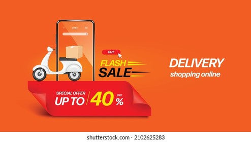 White motorcycle or scooter for delivery. parked on a red ribbon with a 40% off promotional text template and a smartphone in the background,vector 3d for online shopping and delivery concept design