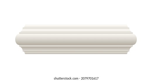 White moulding cornice or skirting. Ceiling crown baseboard on white background. Plaster, wooden or styrofoam interior decor. Classic home design. Vector illustration.