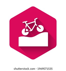 White Mountain bicycle icon isolated with long shadow. Bike race. Extreme sport. Sport equipment. Pink hexagon button. Vector