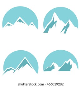 White mountain flat icons on blue background