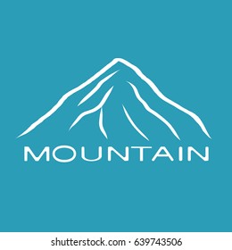 White mountain icon on blue background with inscription mountain. Eps10 vector illustration.
