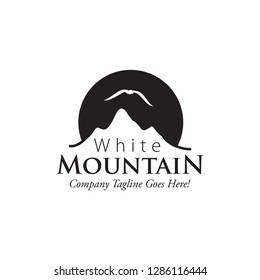 White Mountain logo design template and inspiration, with mountain, circle and flying bird