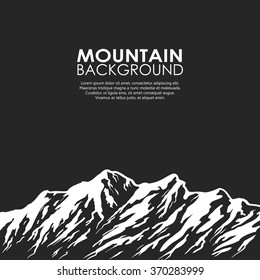 White mountain range isolated on black background. Black and white landscape with huge mountains. Vector illustration with copy-space.