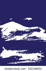 White mountain range with texture on blue. Landscape sketch. Hiking, travel and camping concept. For tourism organizations, outdoor events and mountains leisure. Engraving style. Vector illustration