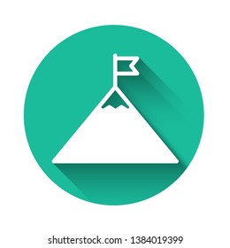 White Mountains and flag on top icon isolated with long shadow. Symbol of victory or success concept. Green circle button. Vector Illustration