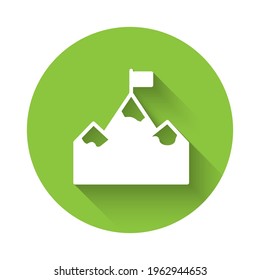 White Mountains with flag on top icon isolated with long shadow. Symbol of victory or success concept. Goal achievement. Green circle button. Vector