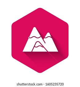White Mountains icon isolated with long shadow. Symbol of victory or success concept. Pink hexagon button. Vector Illustration