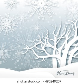 White mountains on grey festive background with merry christmas title and origami tree. Mountain landscape. Xmas and New Year paper cut style. Vector seasonal design illustration