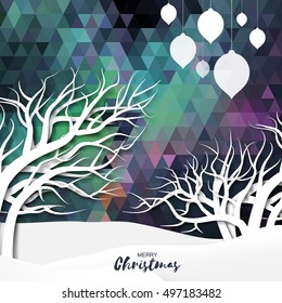 White mountains on polygonal festive background with merry christmas ball