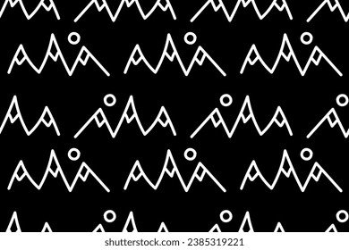 White mountains. Peak. Alpine, nature, stone, winter, landscape, doodle, outlines. Black and white contrast colors. Hiking, climbing, alpinism. Mon Blanc, Everest. Seamless vector pattern.