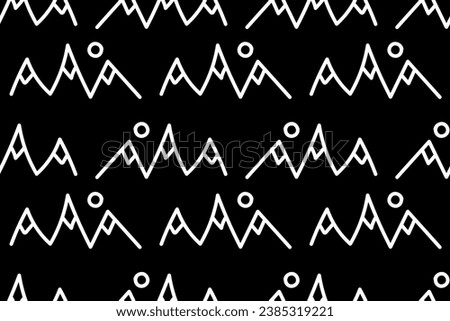 White mountains. Peak. Alpine, nature, stone, winter, landscape, doodle, outlines. Black and white contrast colors. Hiking, climbing, alpinism. Mon Blanc, Everest. Seamless vector pattern.
