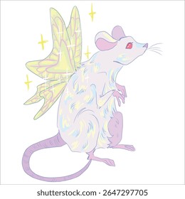 White mouse with butterfly wings. Fairytale mystical creature. Flying magical animal. Fairy. Delicate coloring. Vector hand-drawn illustration. Sketchbook design, print on cups and clothes. Stickers.
