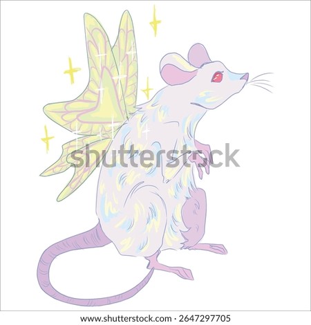 White mouse with butterfly wings. Fairytale mystical creature. Flying magical animal. Fairy. Delicate coloring. Vector hand-drawn illustration. Sketchbook design, print on cups and clothes. Stickers.