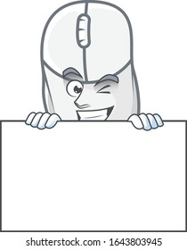 White mouse cartoon character with funny face hides behind a board