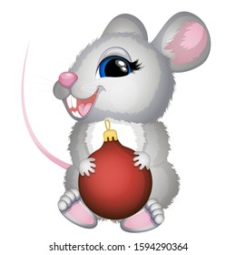 White mouse with christmas red ball. Cute mouse. Cartoon vector illustration.