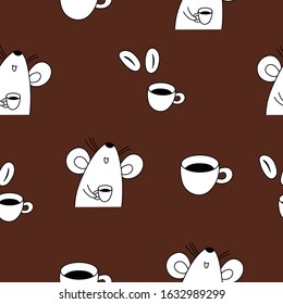 white mouse with coffee on brown background pattern