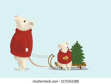white mouse- dad and son- in red sweaters on a sleigh with christmas tree on blue background