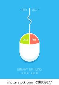 White mouse device with call and put buttons. Binary options concept for buy and sell. Vector illustration in flat style