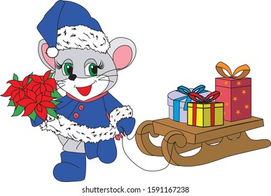 
White mouse with gifts on a sled. New Year vector illustration.