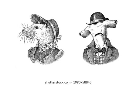 White Mouse and Great hammerhead shark in hat and suit. Victorian lady or woman and man. Fashion animal character. Vector engraved illustration for logo and T-shirts or tattoo. Hand drawn sketch.