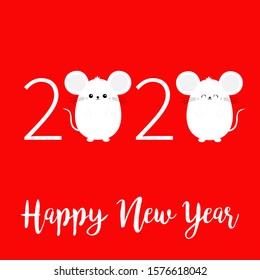 White mouse. Happy New Year 2020 sign symbol. Merry Christmas. Cute cartoon funny kawaii baby character. Flat design. Red winter background. Vector illustration