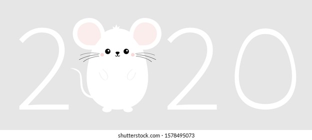 White mouse. Happy New Year 2020 text. Animal sign symbol. Merry Christmas. Cute cartoon funny kawaii baby character. Flat design. Gray background. Vector illustration