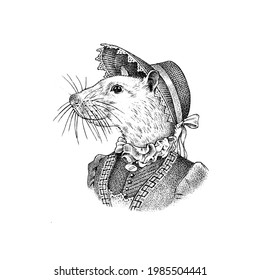 White Mouse in hat and suit. Victorian lady or Woman. Fashion animal character. Vector engraved illustration for label, logo and T-shirts or tattoo. Hand drawn sketch.