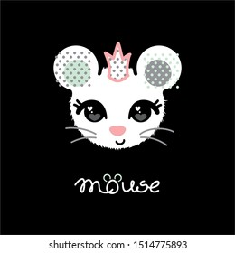 White mouse head with crown. Cute animal. Mouse face and hand drawn letters on black background. Cartoon character. Vector illustration.