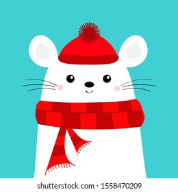 White mouse head face. Red hat, scarf. Happy New Year 2020 sign symbol. Merry Christmas. Cute funny cartoon kawaii baby character. Flat design. Blue winter background. Vector illustration