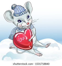 White mouse with heart. Suitable for 2020 calendar, Zodiac sign, horoscope. Decorative greeting card-happy New year and merry Christmas.