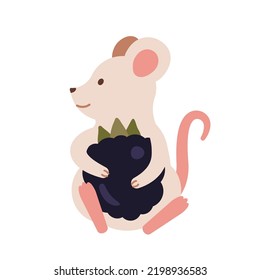 White mouse holding big blue berry.