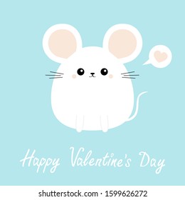 White mouse icon. Happy Valentines Day. Funny head face. Cute kawaii cartoon round character. Pink heart. Baby greeting card template. Blue background. Flat design. Vector illustration