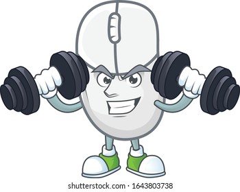 Icono de la mascota del ratón blanco en ejercicio de fitness prueba de campanas