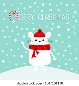 White mouse on snowdrift. Waving hand. Merry Christmas. Candy cane. Happy New Year 2020 sign symbol. Cute funny cartoon kawaii baby character. Flat design. Blue winter snow flake background. Vector