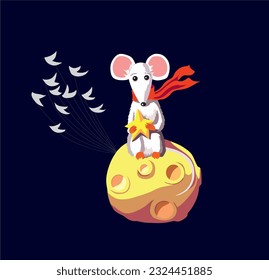 weiße Maus mit rotem Schal auf dem kleinen Planetenmond