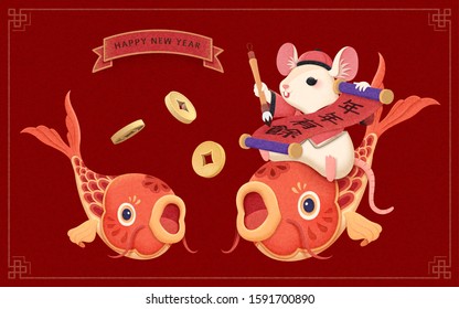 Ratón blanco montando sobre peces y sosteniendo una copla de resorte con una moneda de oro, traducción de texto china: Que tengas prosperidad en el nuevo año
