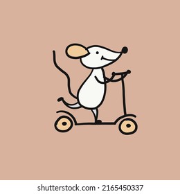 White Mouse riding a scooter. Rental Bike Icons Design, Ecological Green transport. Sketch for your design