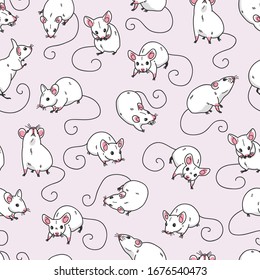 White mouse seamless pattern on pastel pink background
