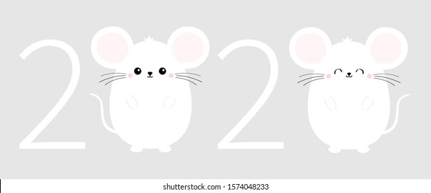 White mouse set. Happy New Year 2020 text. Animal sign symbol. Merry Christmas. Cute cartoon funny kawaii baby character. Flat design. Gray background. Vector illustration