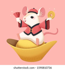 White mouse sitting on gold ingot and holding red packet over pink background