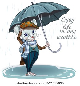 White mouse with umbrella. Suitable for 2020 calendar, Zodiac sign, horoscope.  Decorative greeting card-happy New year and merry Christmas.