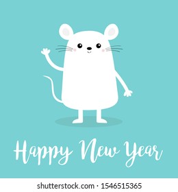 White mouse waving hand. Happy New Year 2020 sign symbol. Merry Christmas. Cute cartoon funny kawaii baby character. Flat design. Blue winter background. Vector illustration