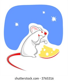 The white mousy eats cheese on a background of the star sky.