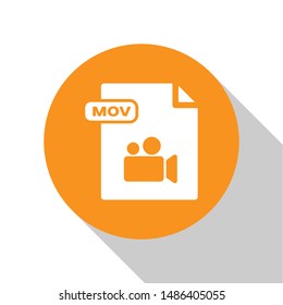 White MOV file document. Download mov button icon isolated on white background. MOV file symbol. Audio and video collection. Orange circle button. Vector Illustration White MOV file document. Download mov button icon isolated on white background. MOV file symbol. Audio and video collection. Orange circle button. Vector Illustration