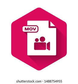 White MOV file document. Download mov button icon isolated with long shadow. MOV file symbol. Audio and video collection. Pink hexagon button. Vector Illustration