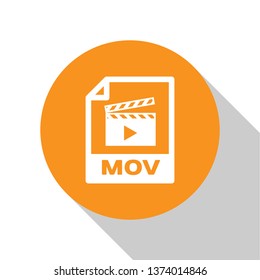 White MOV file document icon. Download mov button icon isolated on white background. MOV file symbol. Audio and video collection. Orange circle button. Vector Illustration