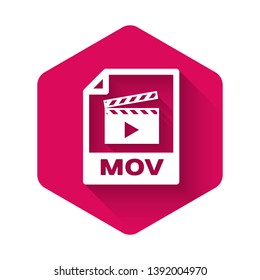 White MOV file document icon. Download mov button icon isolated with long shadow. MOV file symbol. Audio and video collection. Pink hexagon button. Vector Illustration